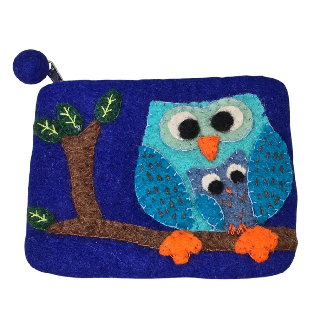 Handmade Wool Felt Coin Purse Emblazoned with an Owl Family