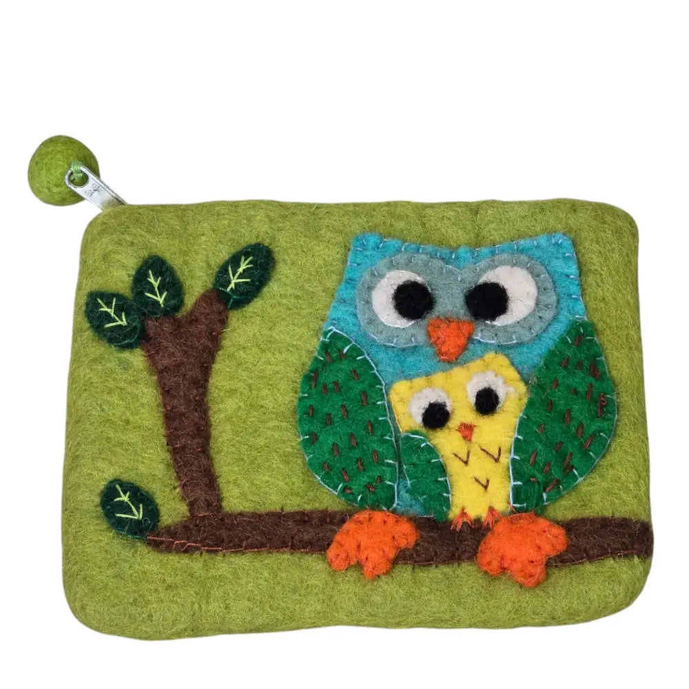 Handmade Wool Felt Coin Purse Emblazoned with an Owl Family