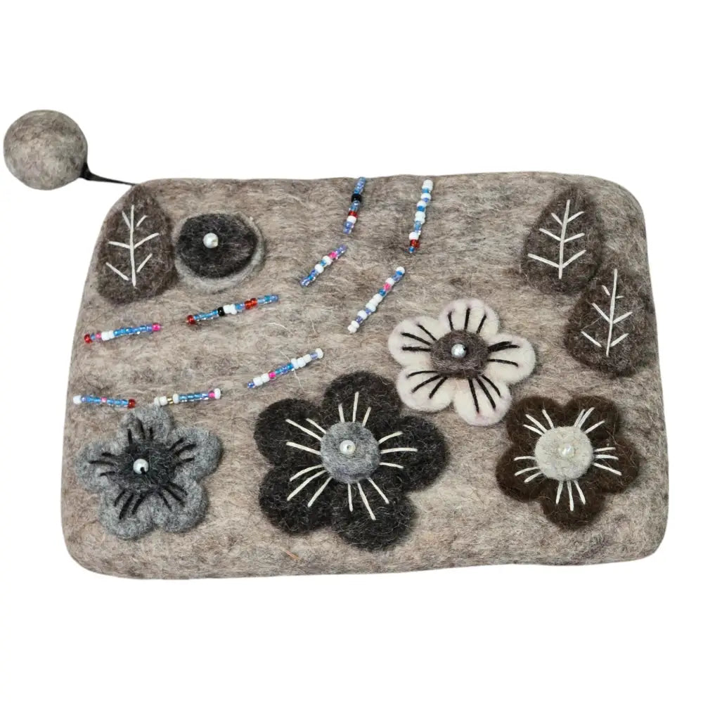 Handmade Wool Felt Coin Purse Light Brown in Color and Emblazoned with Flowers and Beads