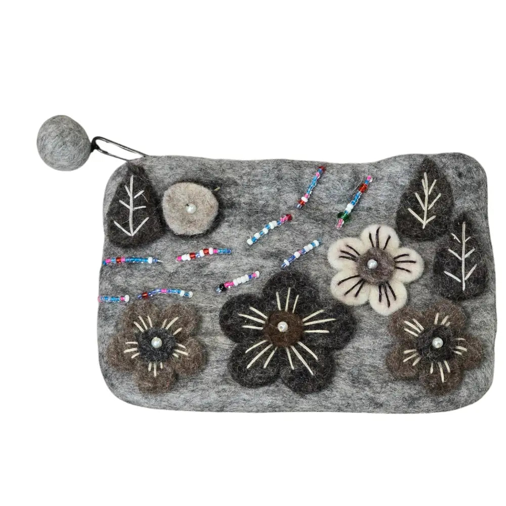 Handmade Wool Felt Coin Purse Light Gray in Color and Emblazoned with Flowers and Beads