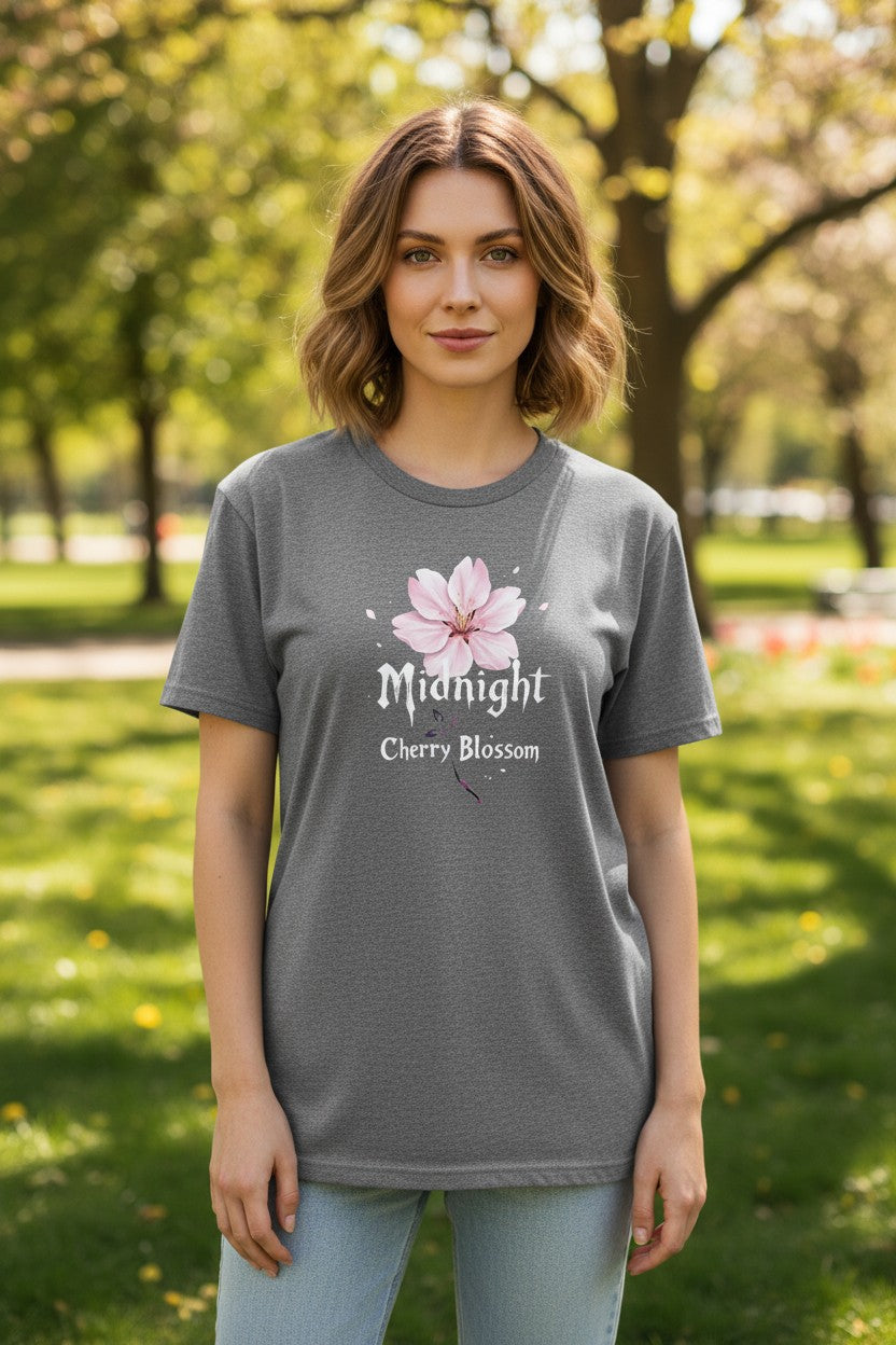 Midnight Cherry Blossom T-Shirt on blackberry colored shirt
