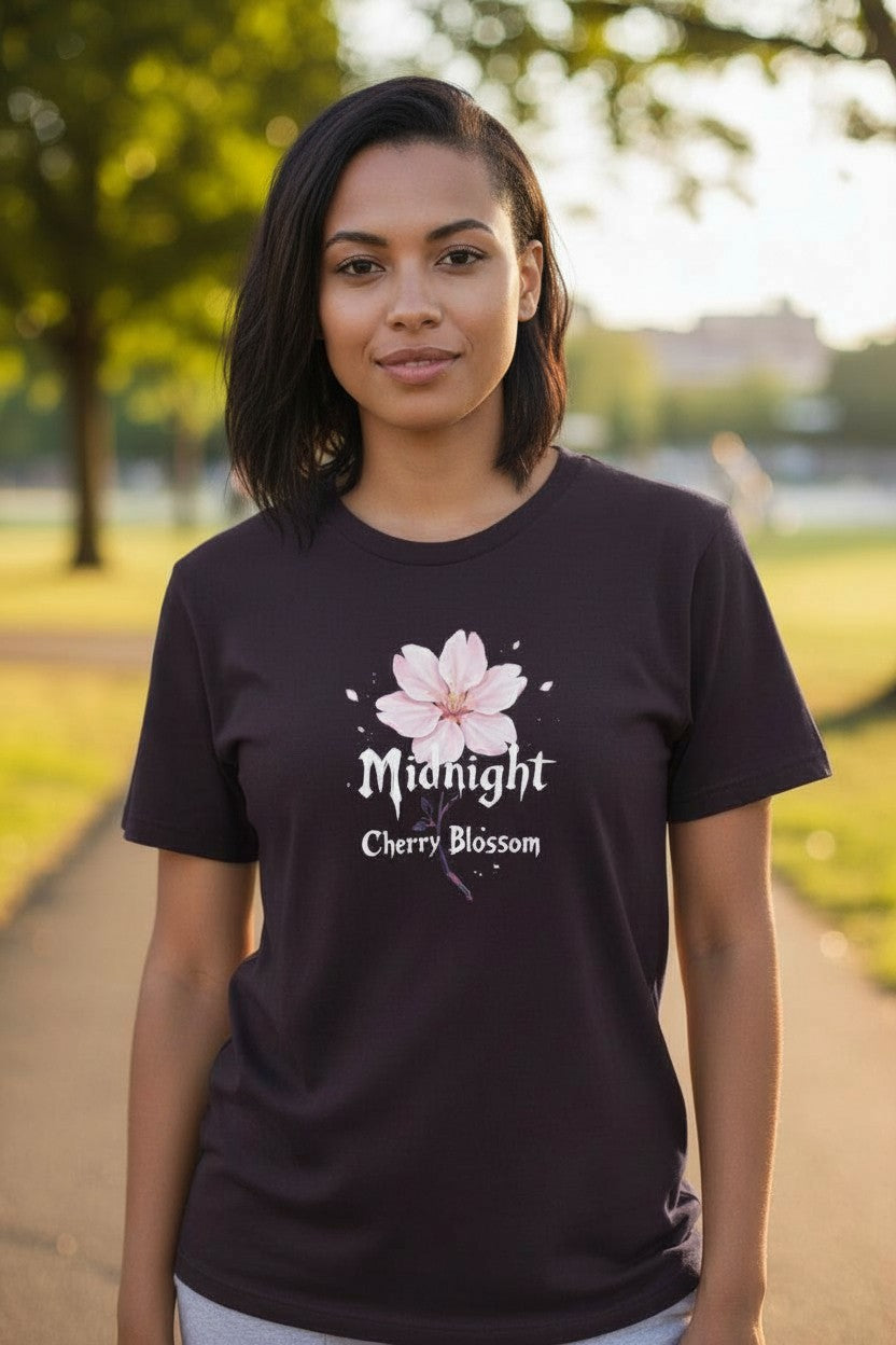Midnight Cherry Blossom T-Shirt on blackberry colored shirt