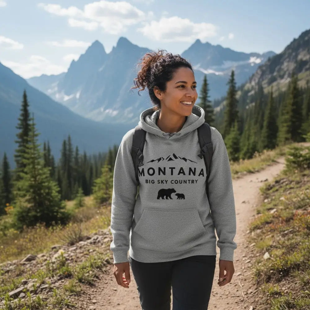 Montana Big Sky Country Mama Bear and Cub Mountain Design Hooded Sweatshirt