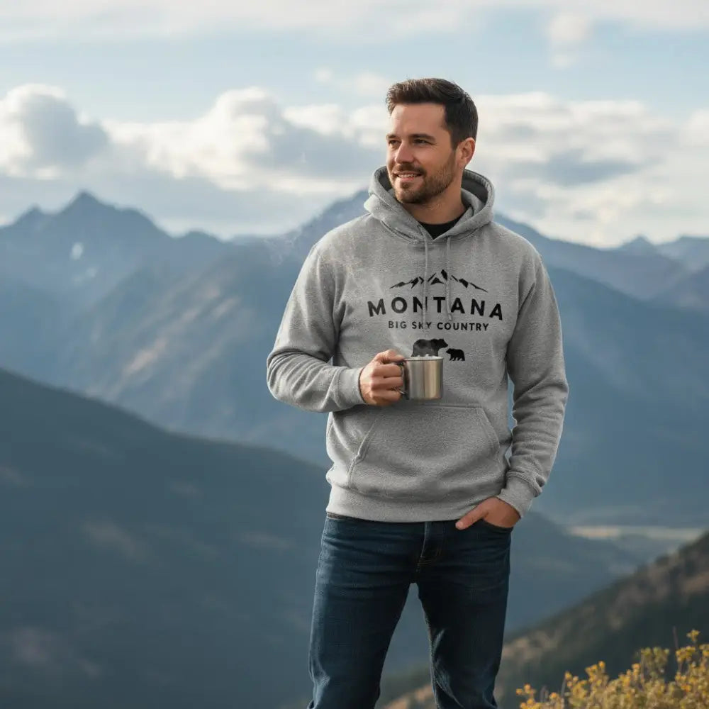 Montana Big Sky Country Mama Bear and Cub Mountain Design Hooded Sweatshirt