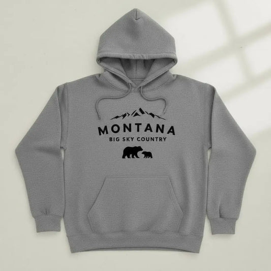 Montana Big Sky Country Mama Bear and Cub Mountain Design Hooded Sweatshirt