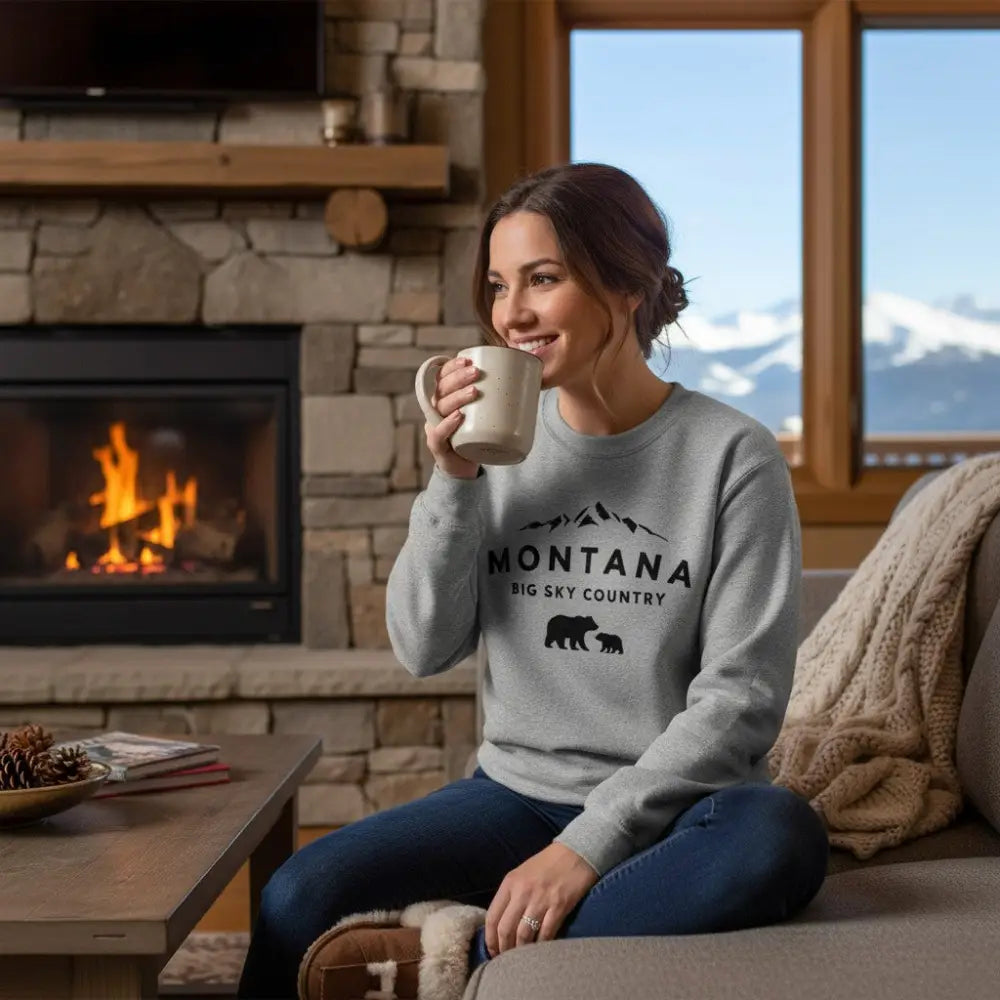 Montana Big Sky Country Mama Bear and Cub Mountain Design Sweatshirt