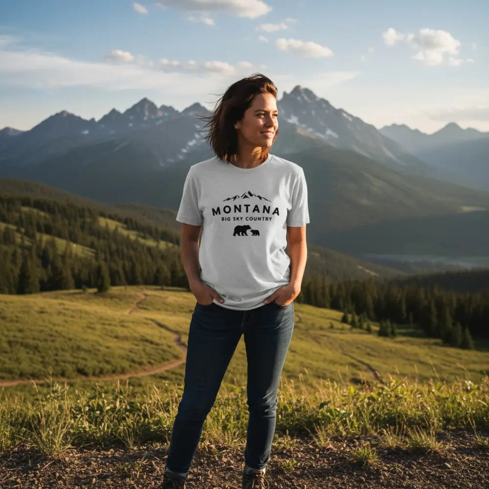 Montana Big Sky Country Mama Bear and Cub Mountain Design T-Shirt