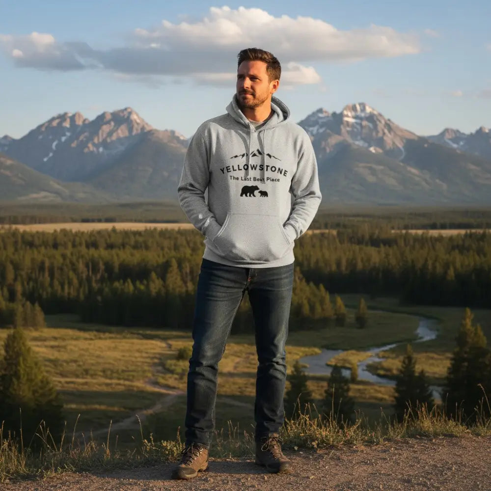 Yellowstone The Last Best Place Mama Bear and Cub with Mountains Hooded Sweatshirt