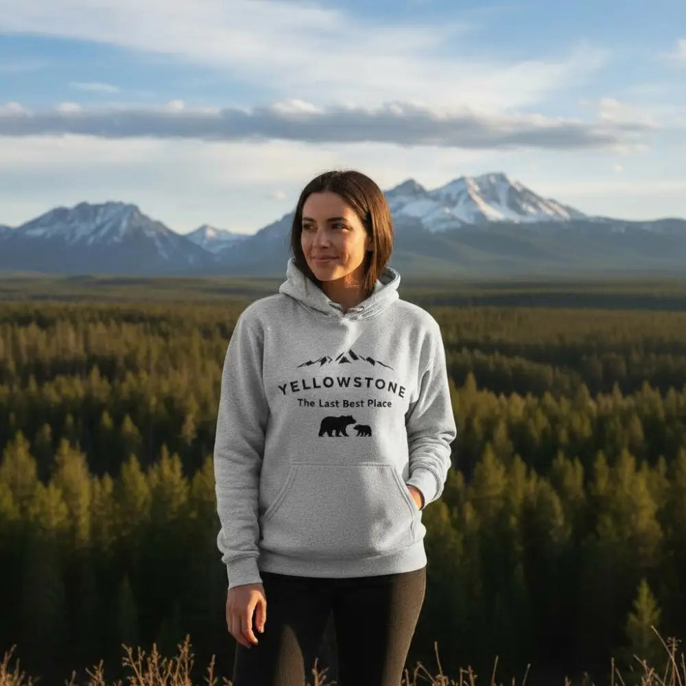 Yellowstone The Last Best Place Mama Bear and Cub with Mountains Hooded Sweatshirt