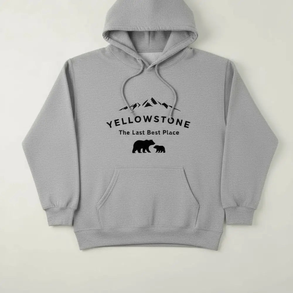 Yellowstone The Last Best Place Mama Bear and Cub with Mountains Hooded Sweatshirt