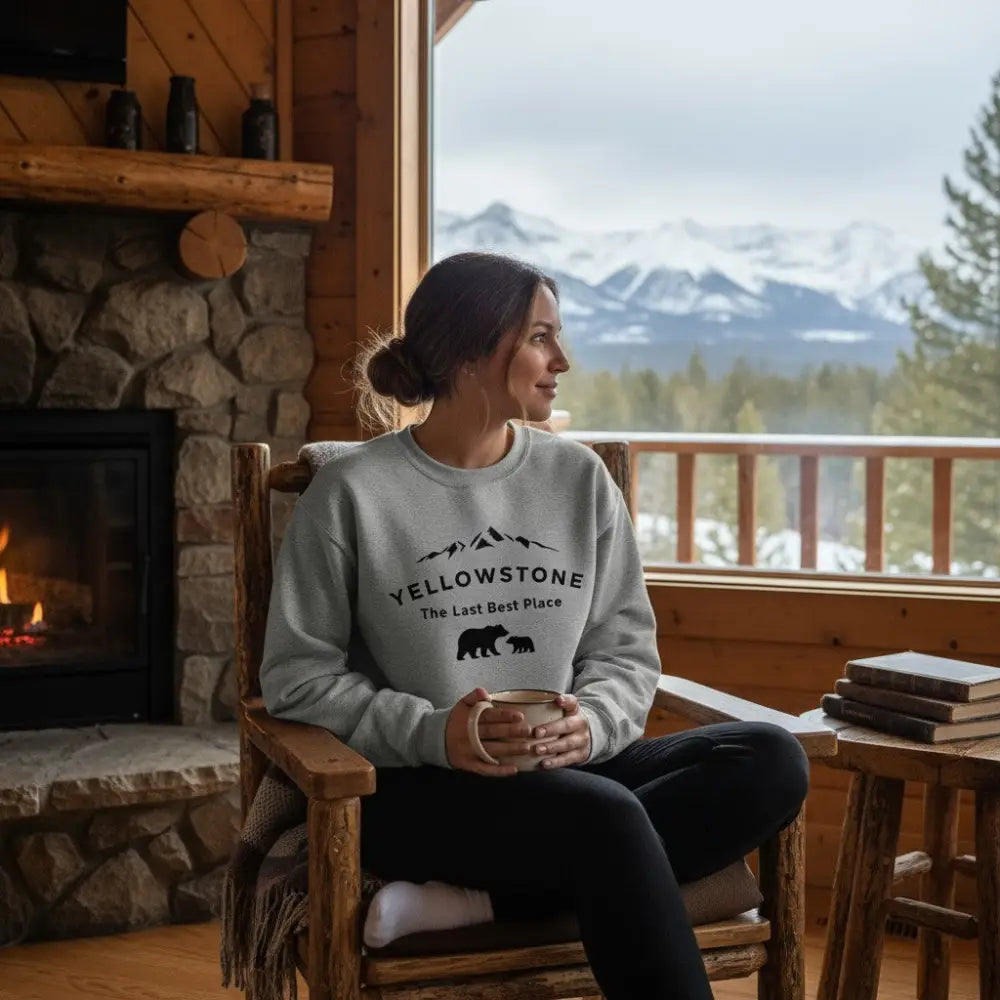 Yellowstone The Last Best Place Mama Bear and Cub with Mountains Sweatshirt