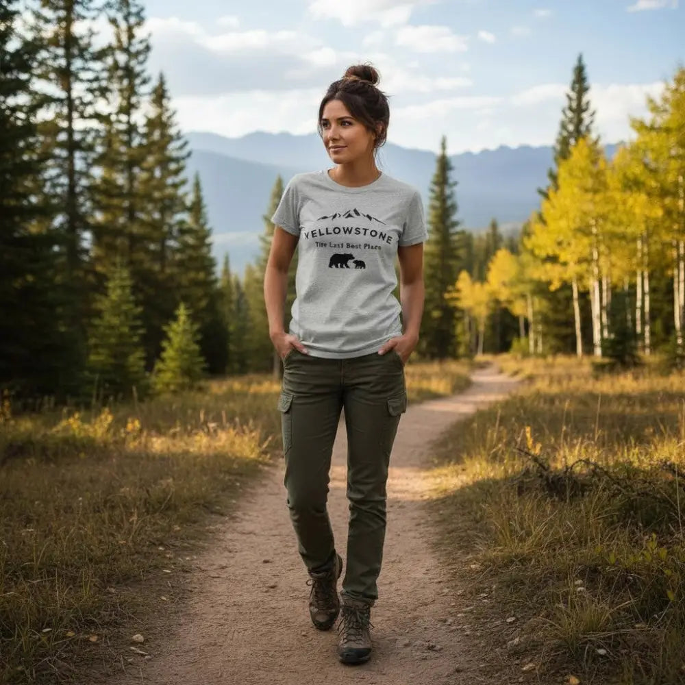 Yellowstone The Last Best Place Mama Bear and Cub with Mountains T-Shirt