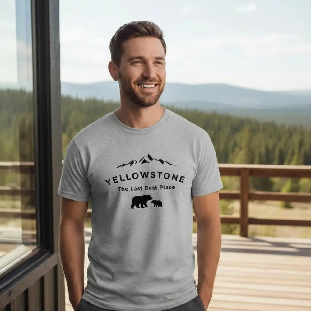 Yellowstone The Last Best Place Mama Bear and Cub with Mountains T-Shirt